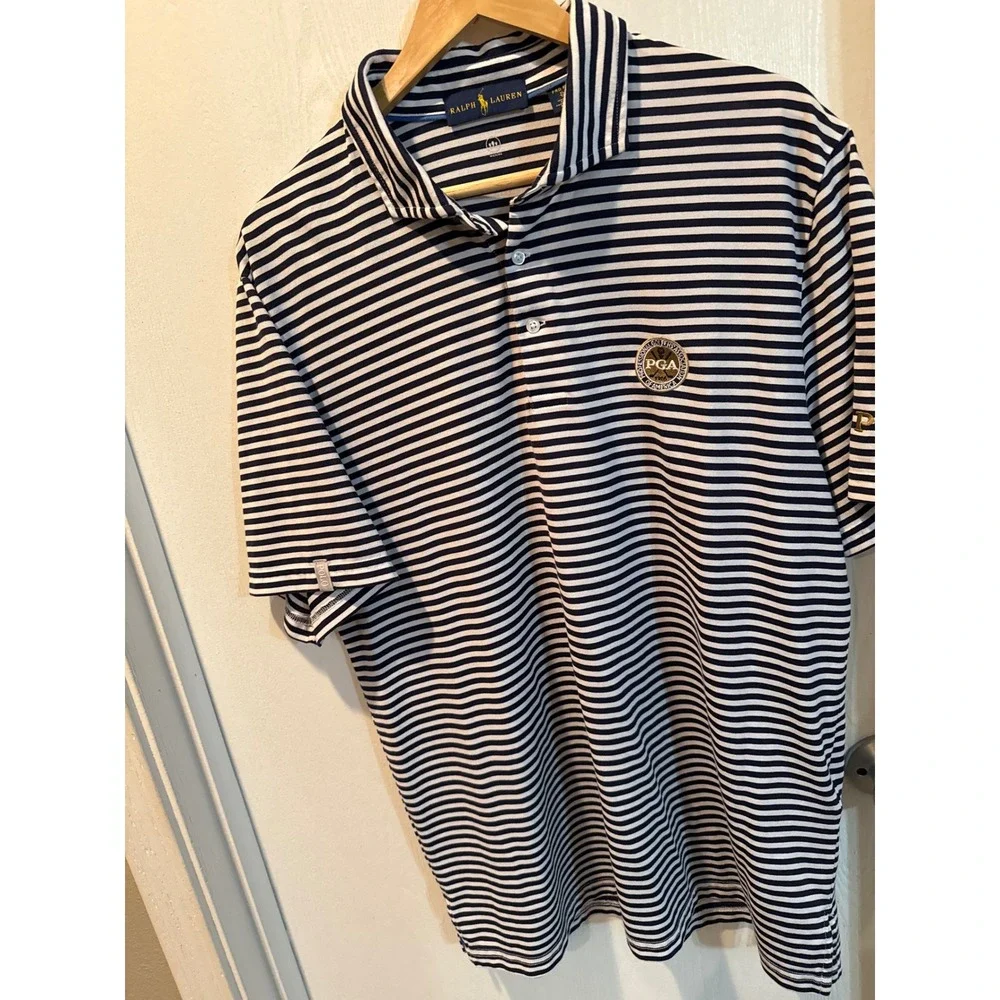 Ralph Lauren Mens XL Pro Fit PGA Golf Polo Shirt Navy White Striped Wicking
